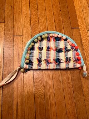 Handwoven Half-Moon Pom Pom Clutch - Multicolor